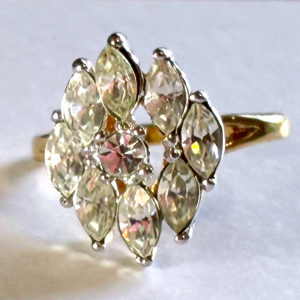 Vintage 18K GE Gold Electroplated Marquise Cluster Statement Ring Size 8 Exc